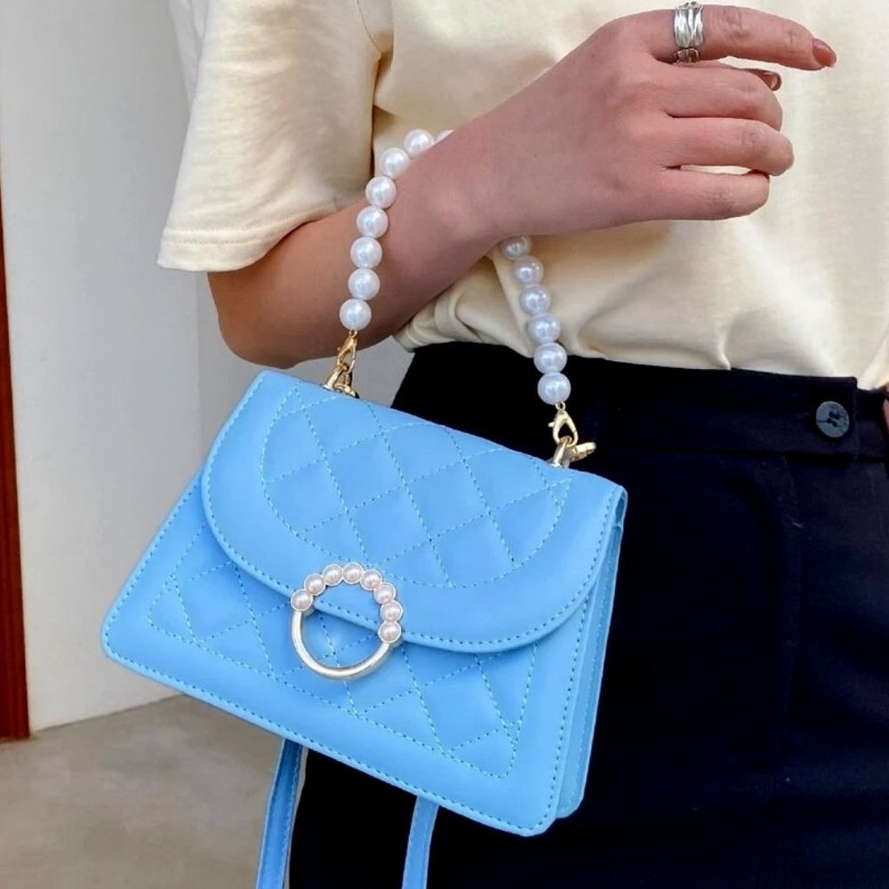 Women's Purse Pearl Beaded Quilted Blue Satchel Bag with Top Handle and Strap